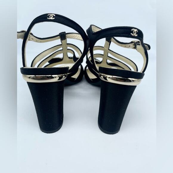 CHANEL Black leather/ Satin caged pearl embellished bow block heel sandals EU40 - Picture 7 of 14